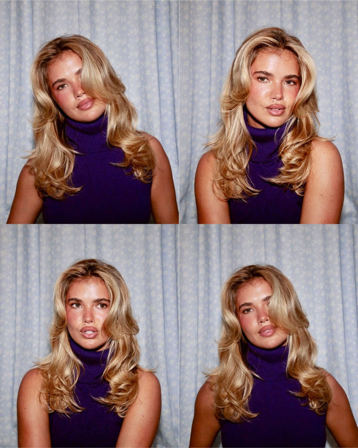 Blonde woman in a purple sleeveless turtleneck, smiling in four photo booth style images.