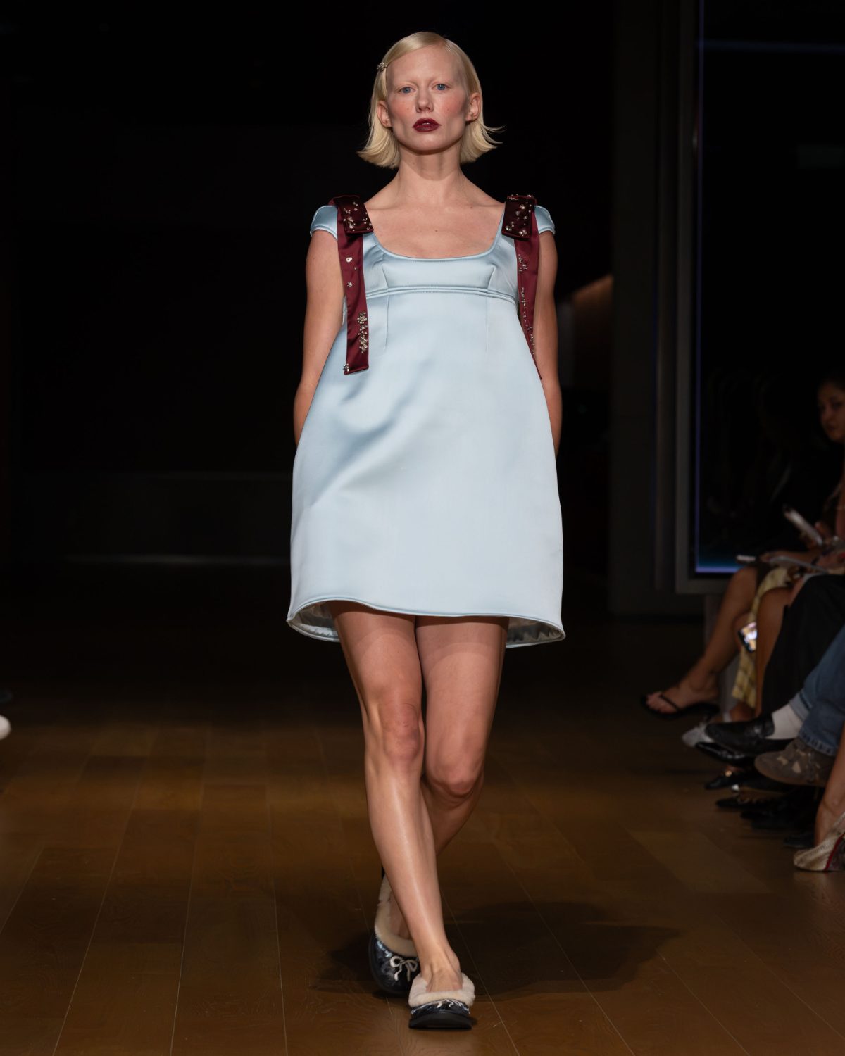 Light blue satin babydoll dress with embellished burgundy straps and faux fur slippers.