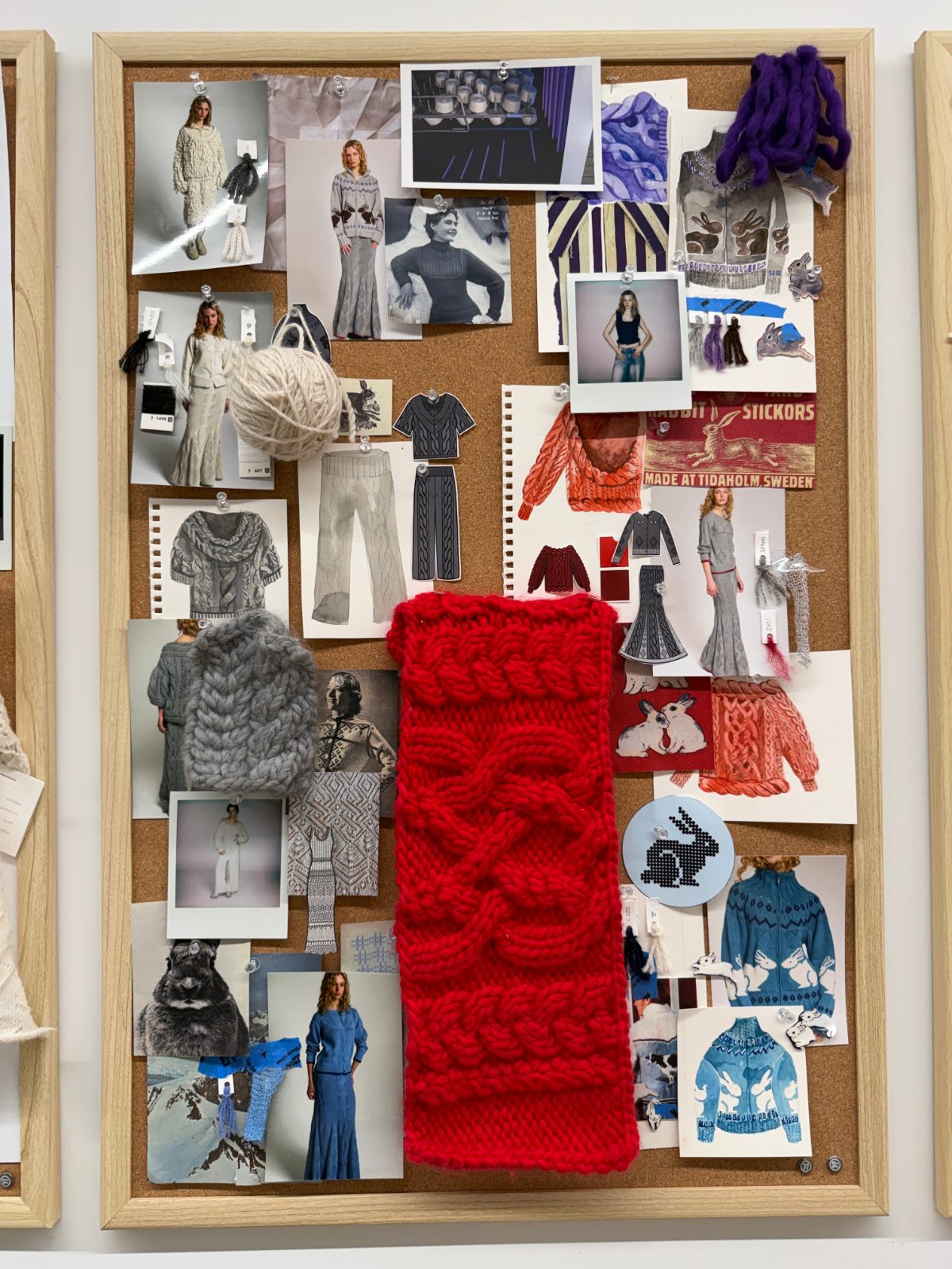 Fashion mood board with knitwear designs, yarn samples, and a red cable knit swatch.