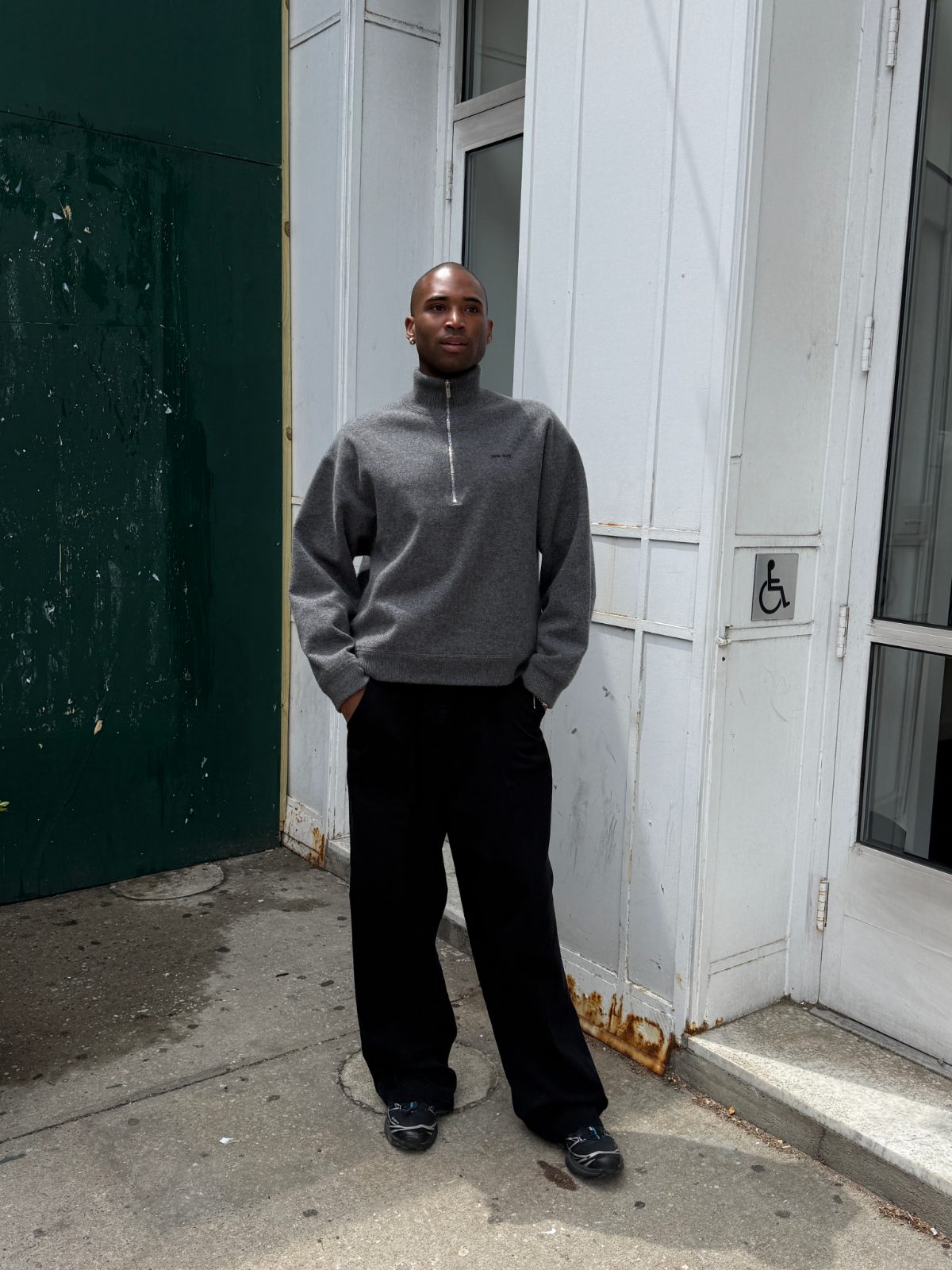 grey quarter-zip fleece pullover with wide-leg black trousers and dark footwear