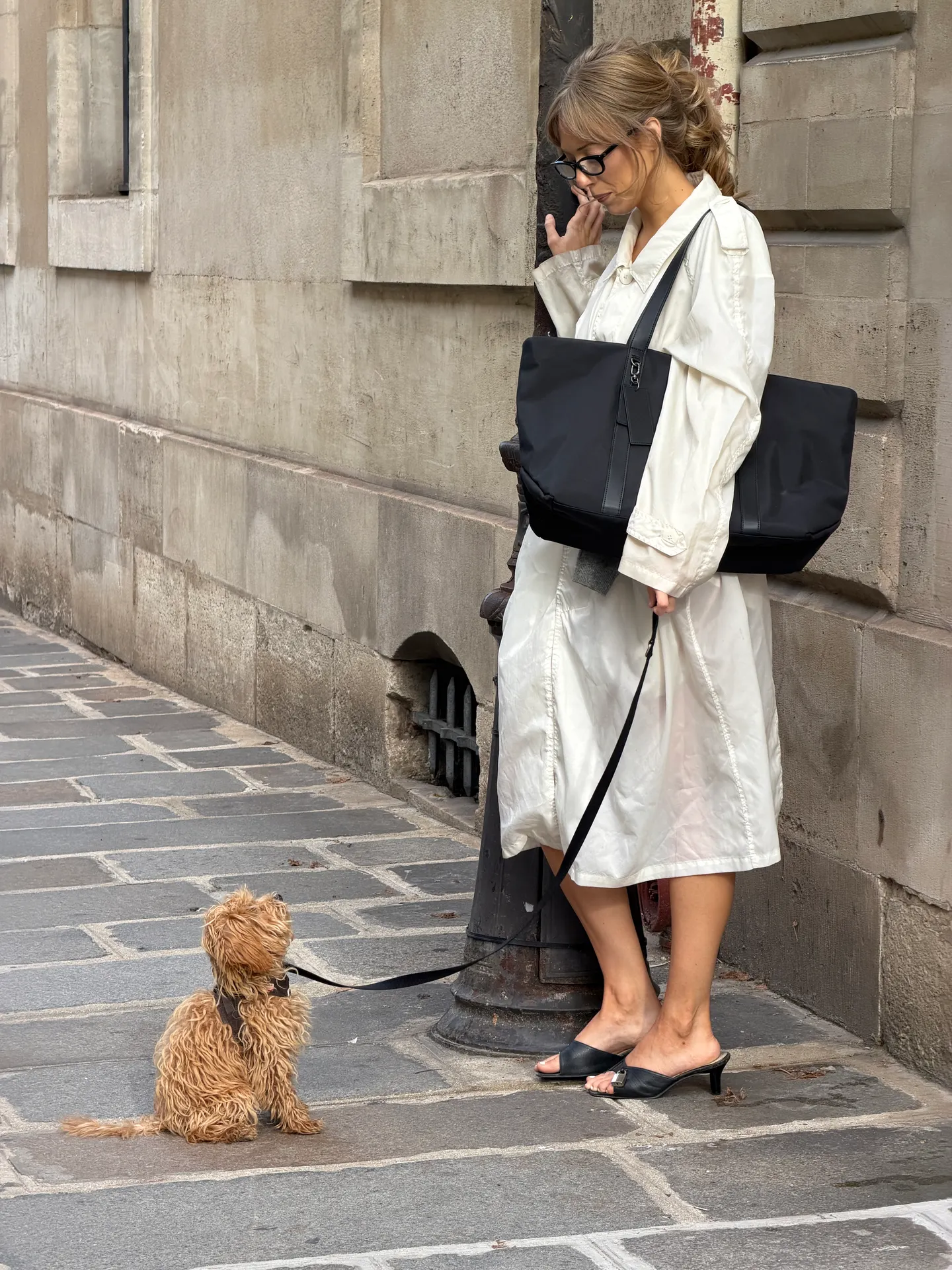 White shirtdress, black tote bag, and black mules with small curly-haired dog on leash.